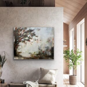 Originalmålning i stillsam, samtida stil med naturinspirerade former i mjuka jordtoner